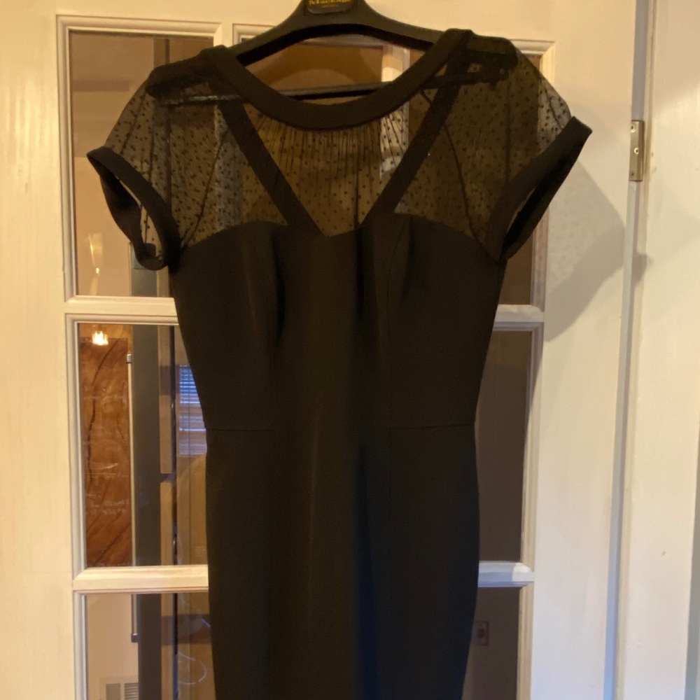 WHBM Black Fitted Cocktail Dress Mesh Dotted Cap Sleeves, Size 6